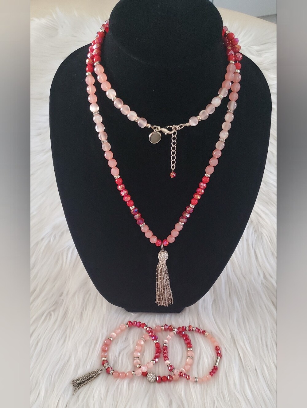 WHBM Pink, Berry Beaded Tassel Necklace & Stretch Bracelet Set | Crystal Accents - Picture 1 of 10